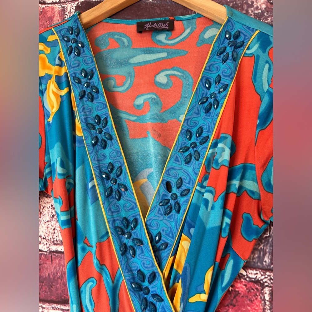 Hale Bob Beaded Silk Wrap Mini Dress - Vibrant Abstract Paisley - Picture 3 of 5